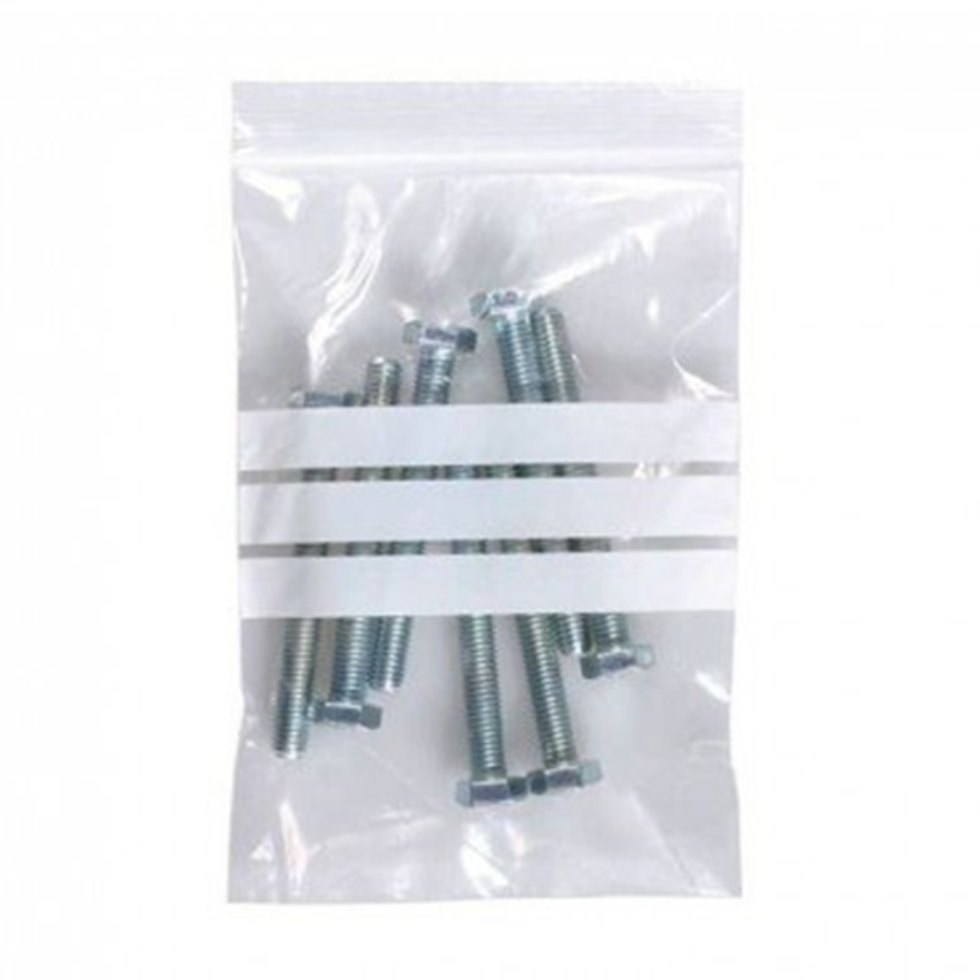 Bolsa de plástico con cierre zip y franjas blancas.